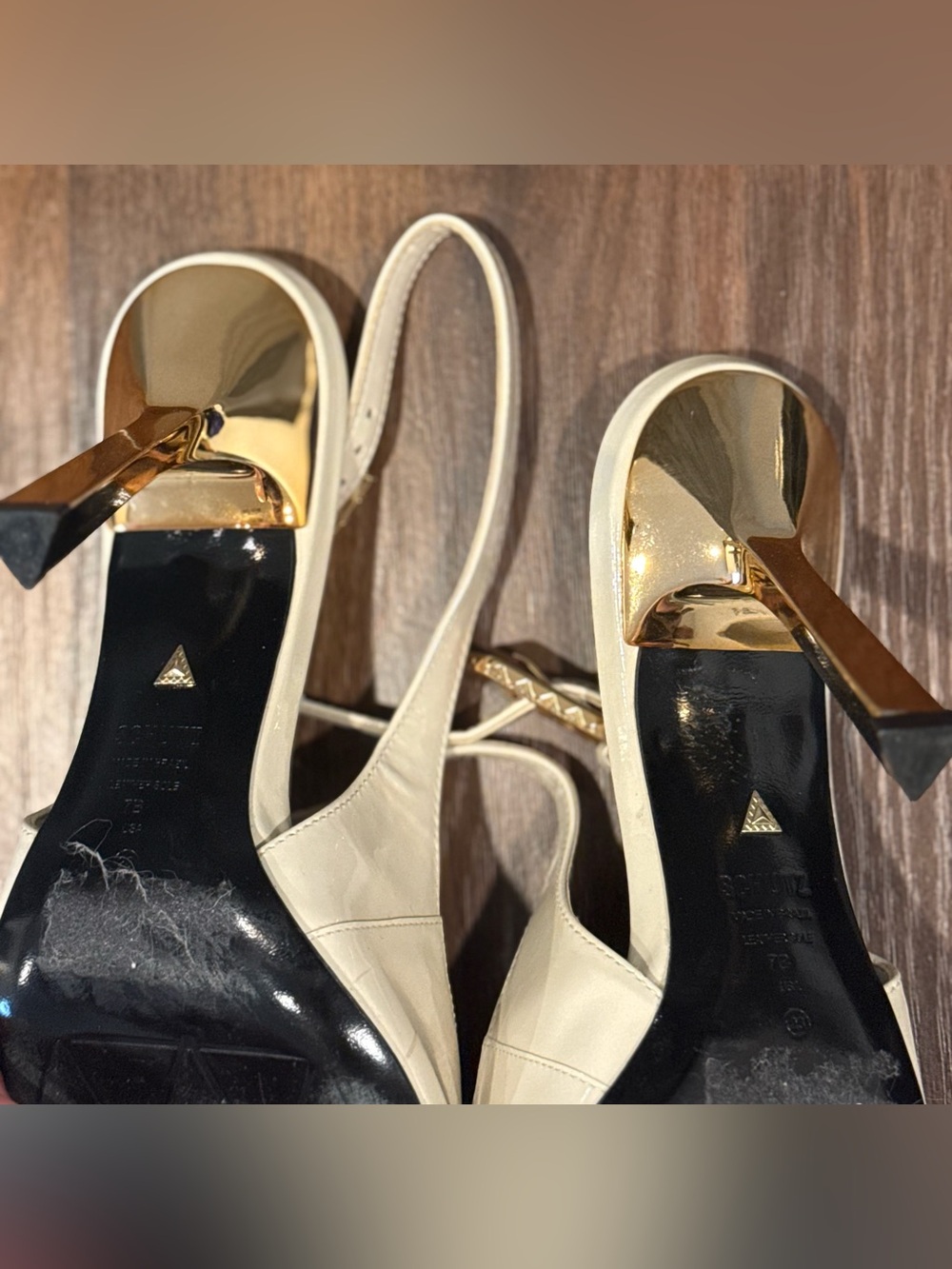 SCHUTZ Cream Pointed Slingback Heels with Gold Buckle & Gold Heel - Picture 8 of 9
